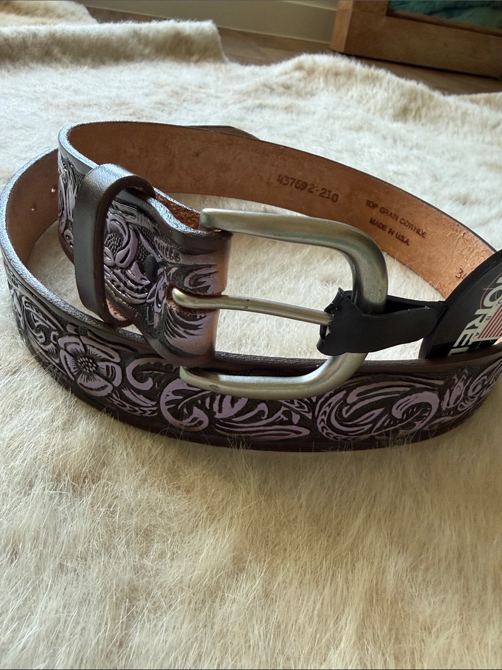 Tooled Brown Leather Belt with Lilac Accents